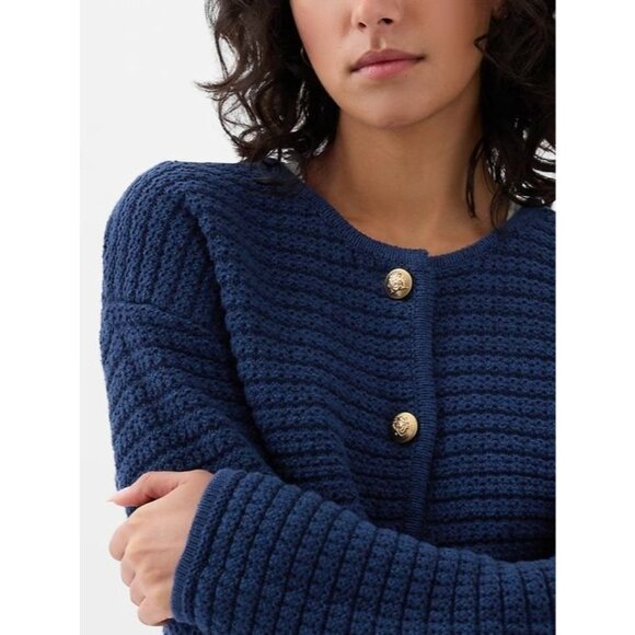GAP Navy Blue Cotton Textured Knit Gold Button Cardigan Sweater Jacket, Size M - Picture 4 of 15